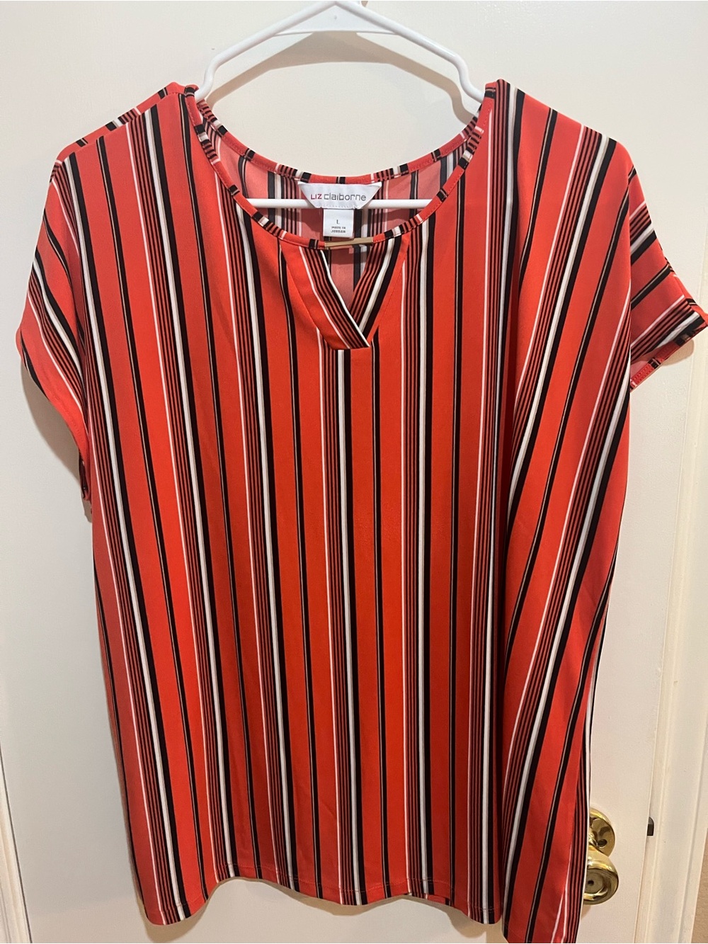 Liz Claiborne Red and Black Vertical Stripe Short Sleeve Top